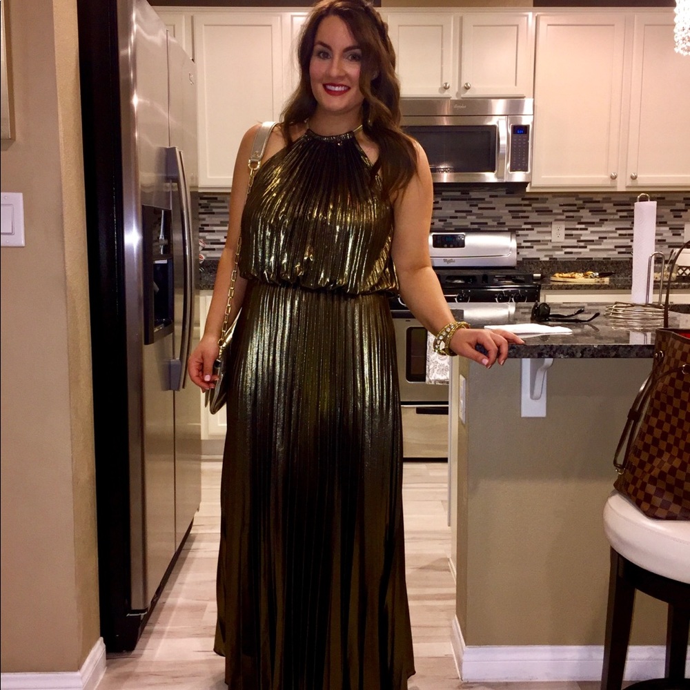 MSK Gold Metallic Pleated Maxi Gown